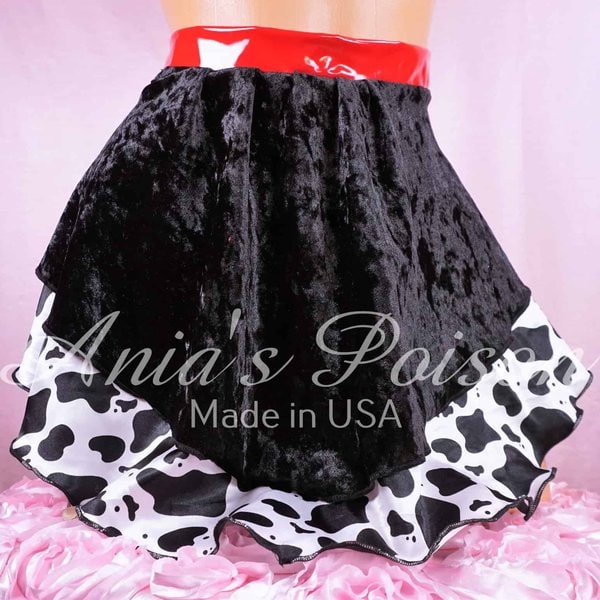 Ania's Sissy OOAK Garter Maid Apron Skirt black Velvet, Red VINYL waistband, Cow Print Satin Ties at Back, 4 Garter Clips