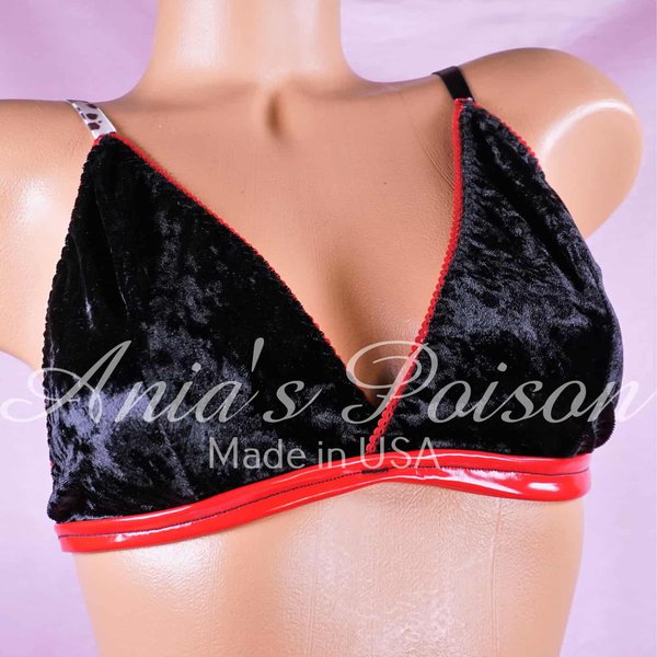 Ania's OOAK black Velvet cup Red vinyl band Triangle bra Bralette soft cup wire free sz S
