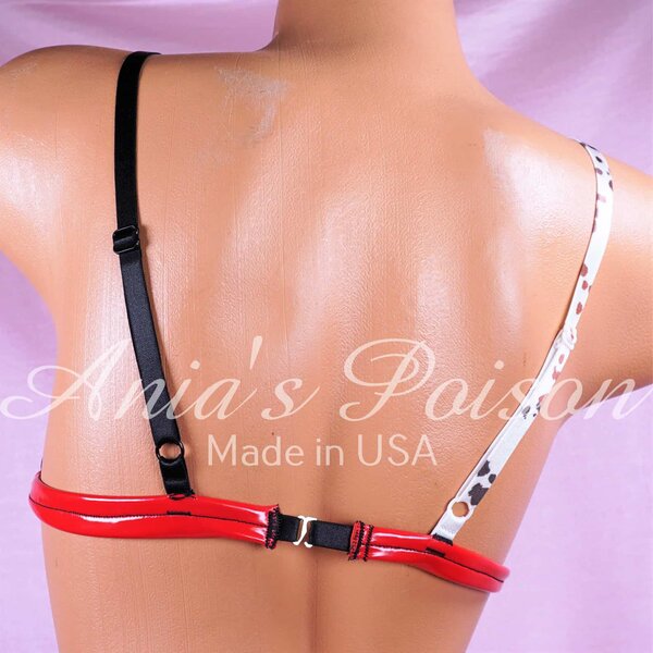 Ania's OOAK black Velvet cup Red vinyl band Triangle bra Bralette soft cup wire free sz S - Image 2