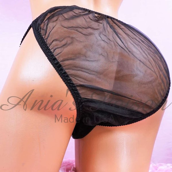 Ania's Sissy sheer Black Nylon Chiffon see-through soft men's string bikini panties sz L - Image 2