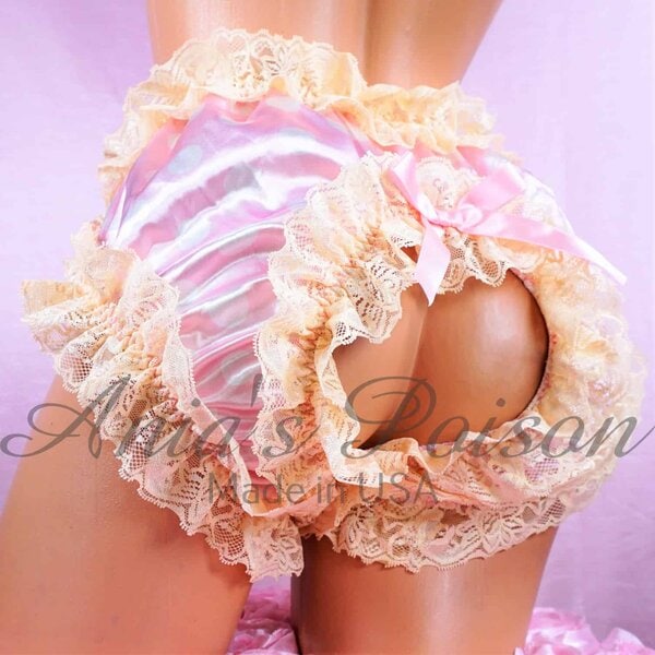 Ania's Sissy Spanking Maid satin high cut super frilly open crotch baby Pink polka dot & Peach Lace shiny crotchless unisex humiliation lace panties One Size only