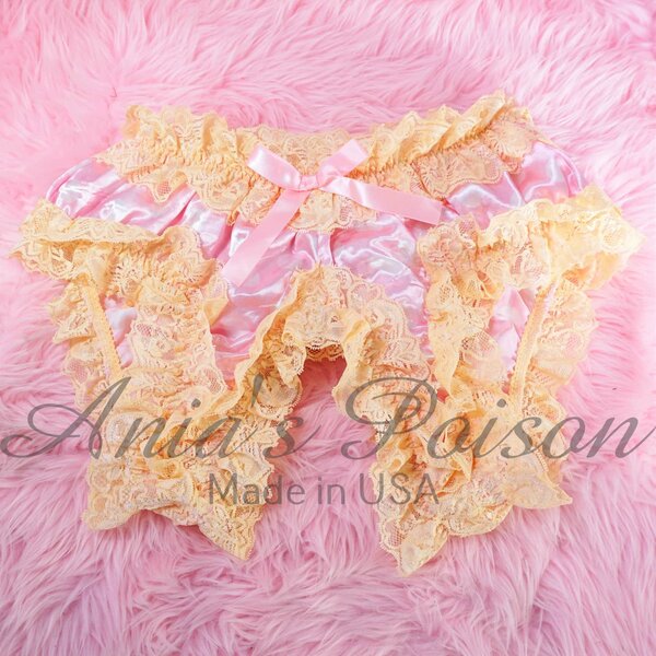 Ania's Sissy Spanking Maid satin high cut super frilly open crotch baby Pink polka dot & Peach Lace shiny crotchless unisex humiliation lace panties One Size only - Image 3