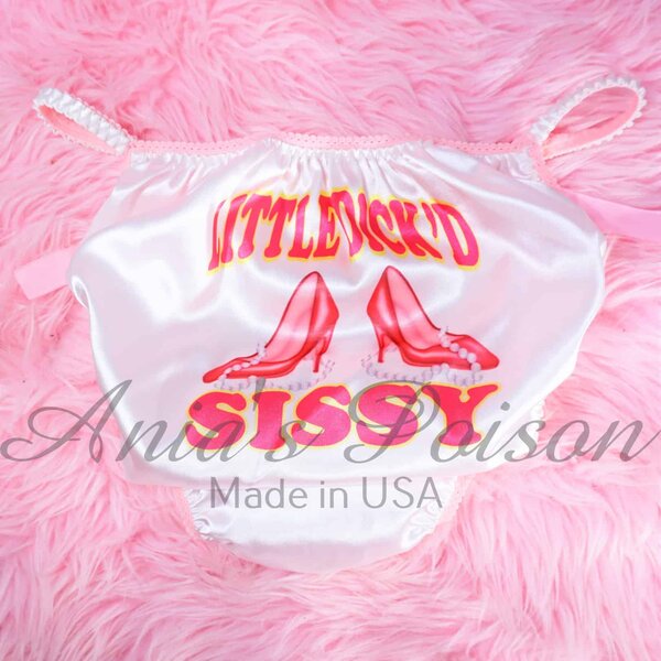 Ania's Sissy Satin string Bikini Heels & Pearls Pantyboy Sissy humiliation double sided print shiny wetlook men's panties sz L - Image 3