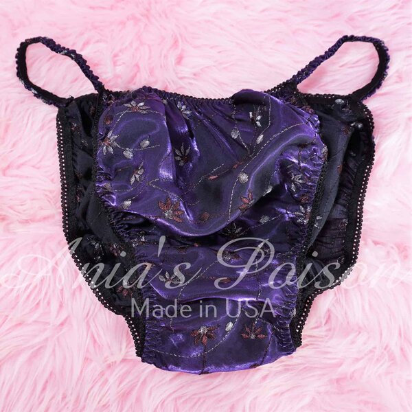 Ania's Sissy iridescent Taffeta panties shiny embroidered floral Midnight Purple men's string bikini panties sz XL - Image 3