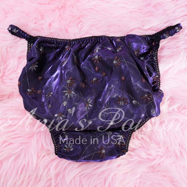 Ania's Sissy iridescent Taffeta panties shiny embroidered floral Midnight Purple men's string bikini panties sz XL - Image 4