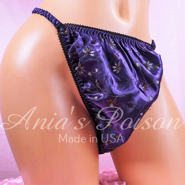 Ania's Sissy iridescent Taffeta panties shiny embroidered floral Midnight Purple men's string bikini panties sz XL - Image 2