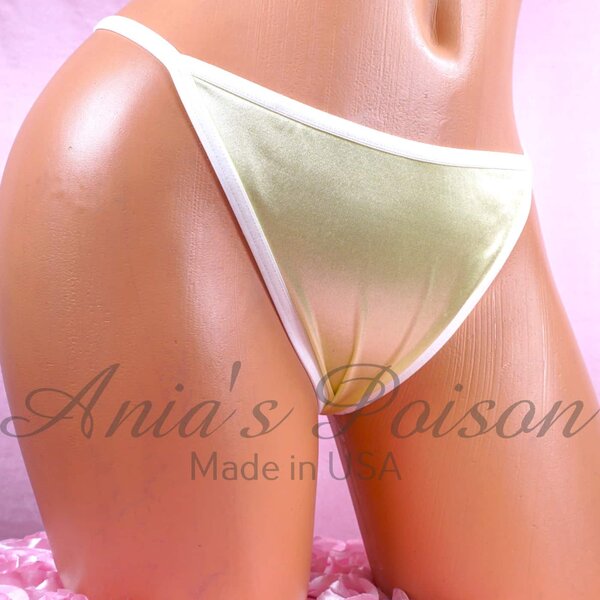 Ania's Sissy Ladies Thong G-string Yellow stretch Satin women's panties sz M/L