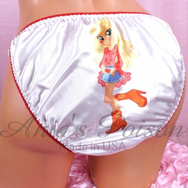 Ania's Sissy SATIN string Bikini Apple Pony Girl print White shiny men's panties sz L