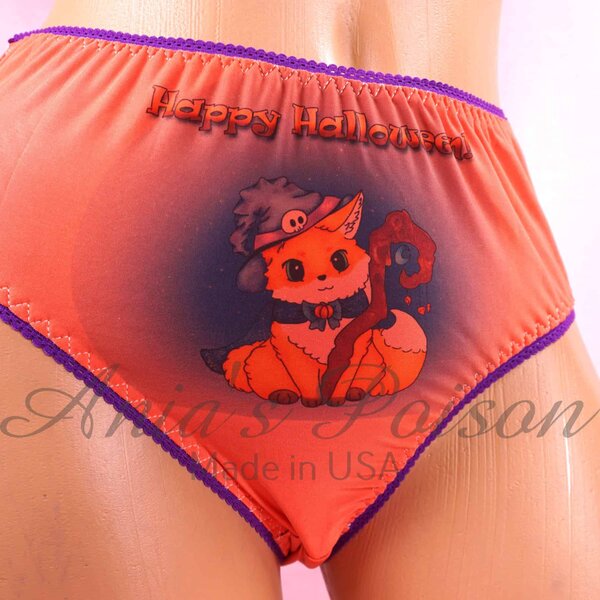 Ania's sissy 80s style Halloween Stretch Butter soft Orange custom print full bikini sz S/M - Image 3