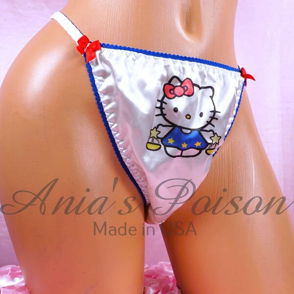 Ania's Sissy white Satin Zodiac Libra Kitty string Bikini DUCHESS CUT shiny wetlook MEN'S panties sz 5/S