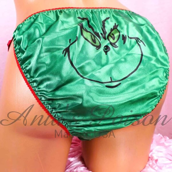 Ania's Sissy Green Christmas Satin Grouchy Face adjustable sides string bikini shiny wetlook men's panties sz L/XL+