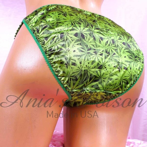 Ania's SATIN string bikini 420 Weed Print special edition Women's cut panties sz 5