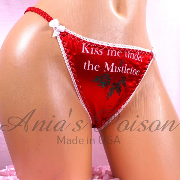 Ania's 80s style DUCHESS cut SATIN Christmas Red Kiss Me Under the Mistletoe string bikini Women's cut panties sz 5