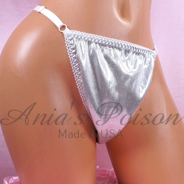 Ania's Sissy Brazilian Cut Panties Silver Metallic Foil Adjustable sides Cheeky Men's front lined panties One Size - Image 2