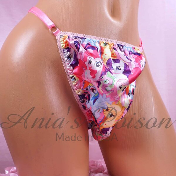 Ania's Sissy Soft Satin Thong Pink Little Ponies character print adjustable sides shiny men's panties One Size