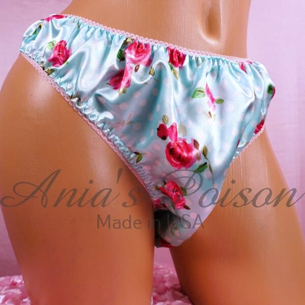 Ania's Sissy Satin Spring Floral Roses Blue Polka Dots Full Cut panties shiny wetlook Men's Bikini sz S/M (Copy)