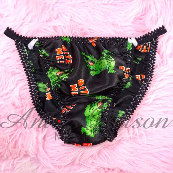 Ania's Sissy Black Satin Bite Me string bikini shiny wetlook men's panties sz M