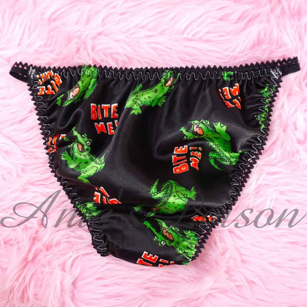 Ania's Sissy Black Satin Bite Me string bikini shiny wetlook men's panties sz M - Image 2