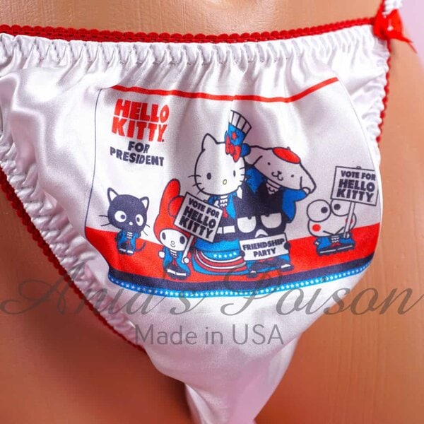 Ania's Sissy white Satin string Bikini July 4th Cat for President print shiny wetlook men's character print panties sz L