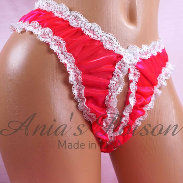 Ania's Sissy Crystal satin Fully Open frilly Lacy Neon Hot Pink shiny crotchless unisex humiliation panties One Size only - Image 4