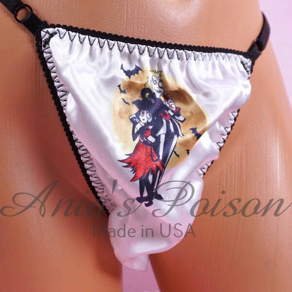 Ania's Sissy Satin Thong Beetle Juice character print adjustable sides men's panties One Size