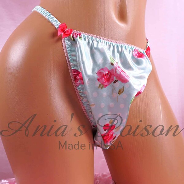 Ania's Sissy Floral Blue Polka Dot Satin string bikini shiny wetlook men's panties sz S - Image 2
