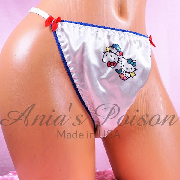 Ania's Sissy white Satin string Bikini Duchess Cut Zodiac Cat print shiny wetlook men's character print panties sz 7/L