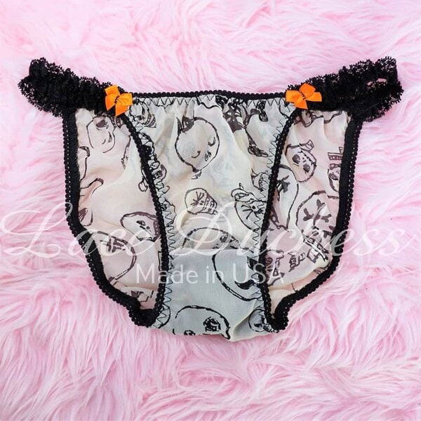 Ania's Sissy Halloween Chiffon Skull Print string Bikini Duchess cut Ruffled Sides WOMEN'S panties sz 6