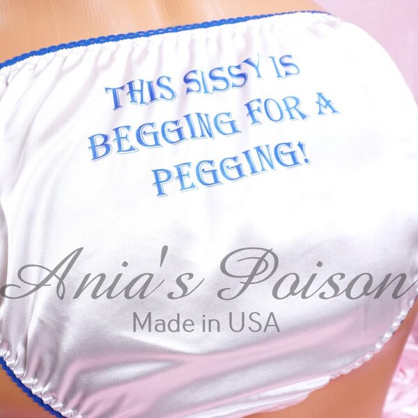 Ania's Sissy white Satin string Bikini Naughty Text print shiny wetlook men's panties sz L - Image 4