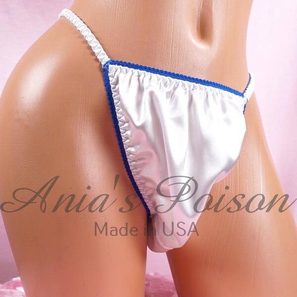 Ania's Sissy white Satin string Bikini Naughty Text print shiny wetlook men's panties sz L - Image 3