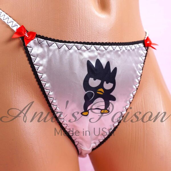Ania's Sissy white Satin women's string Bikini Duchess Cut Grump Penguin print shiny wetlook women's character print panties sz 5 - Image 3