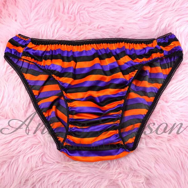 Ania's Sissy Satin Full Cut panties Halloween Stripe Purple Orange Black Men's Bikini sz XXL