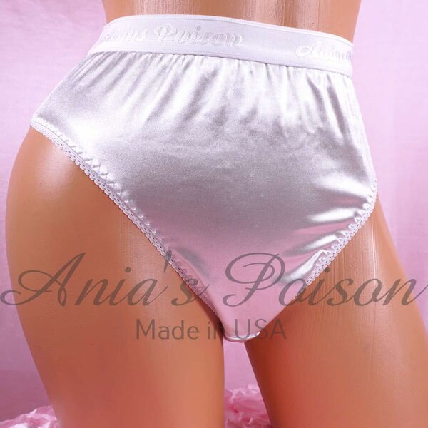 Ania's sissy Stretch Satin shiny White Flat front Unisex full bikini sz XL/XXL