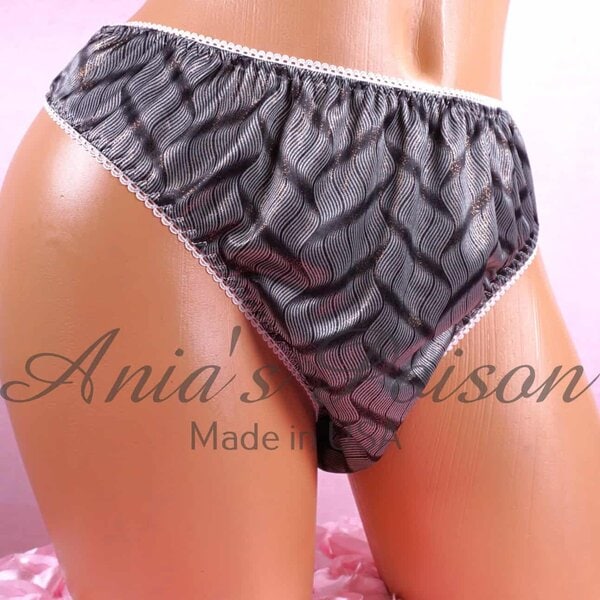 Ania's Sissy Butter Soft Satin Full Cut Gray and Gold Metallic panties Men's Bikini sz M/L - Image 4