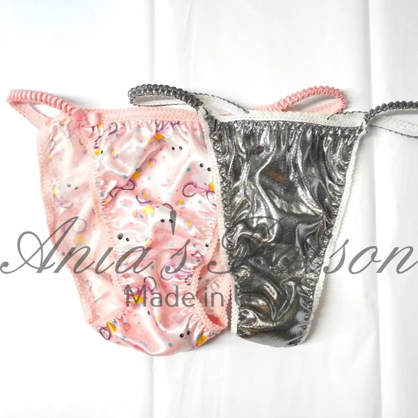Ania's Sissy women's panties 2 Pieces - Satin Pink bunny and metallic foil Triangle thong