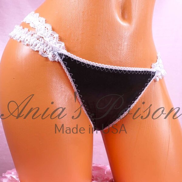 Ania's sissy super tiny Ladies cut VINYL Black Brazilian LOW cut Humiliation panties lace sides sz XS