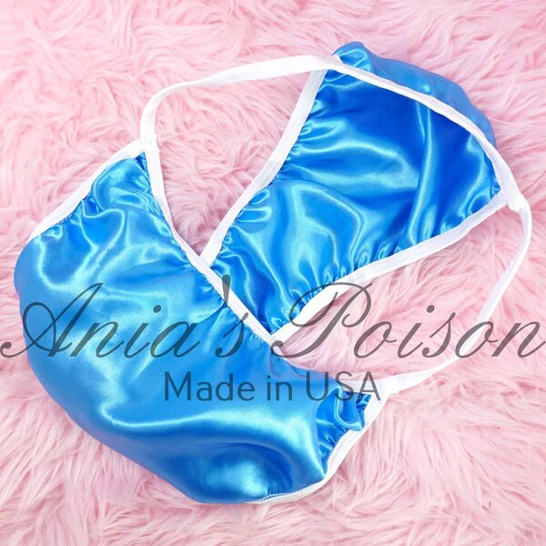 Ania's Sissy Brazilian Cut Satin Panties Blue Cheeky Men's front lined panties sz L - Image 3