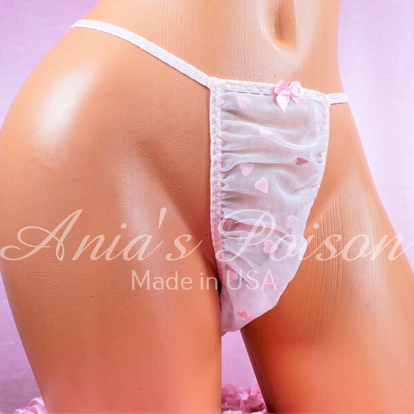 Anias Poison SHEER CHIFFON White w Pink Hearts RIO sissy tanga Narrow panties