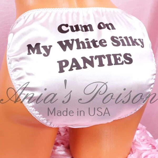 Ania's Sissy Satin string bikini White with Black naughty text shiny wetlook men's panties sz XL/8