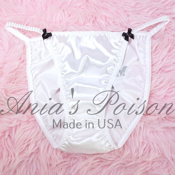 Ania's Sissy Satin string bikini White with Black naughty text shiny wetlook men's panties sz XL/8 - Image 4