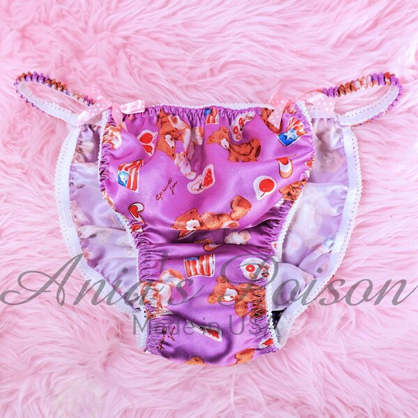 Ania's Sissy string Bikini Satin Purple Teddy Bears shiny wetlook men's panties sz M