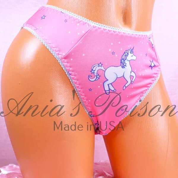 Ania's sissy 80s style Stretch Spandex Pink Unicorn print HIGH LEG CUT full bikini sz L - Image 2