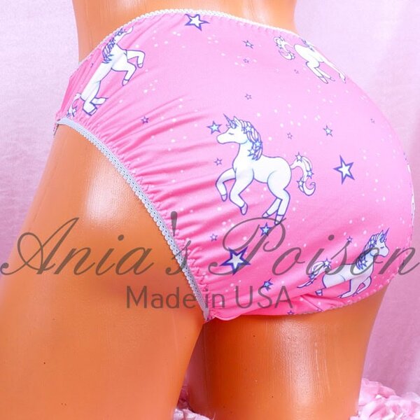 Ania's sissy 80s style Stretch Spandex Pink Unicorn print HIGH LEG CUT full bikini sz L - Image 3