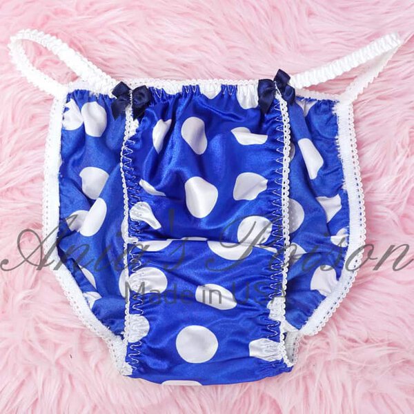 Ania's Sissy Satin string Bikini Blue and White Polka Dot shiny wetlook men's panties sz S