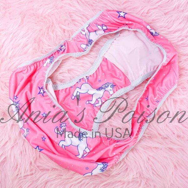 Ania's sissy 80s style Stretch Spandex Pink Unicorn print HIGH LEG CUT full bikini sz L - Image 5