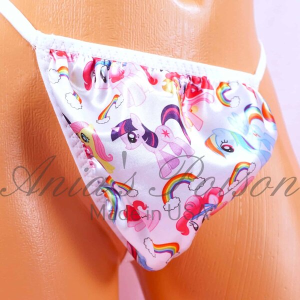 Ania's Sissy Satin G-string Little Rainbow Ponies print white lined Men's Pouch Thong sz Reg - Image 3