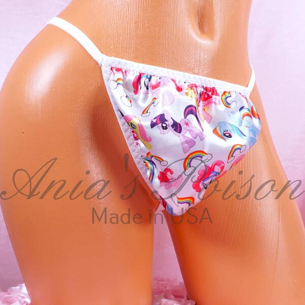 Ania's Sissy Satin G-string Little Rainbow Ponies print white lined Men's Pouch Thong sz Reg