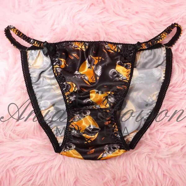 Ania's 80s style Satin Halloween Jack Classy cut Orange Black shiny string bikini Women's cut panties sz XL - Image 2