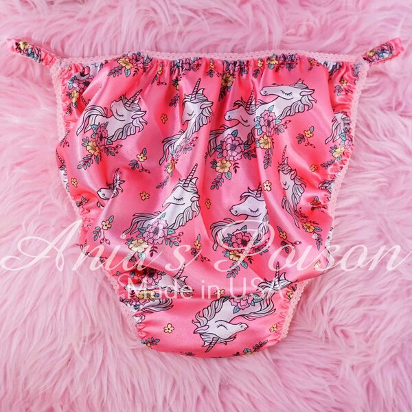 Ania's Sissy Satin string bikini Pink Unicorn Print shiny wetlook men's panties sz XL - Image 2