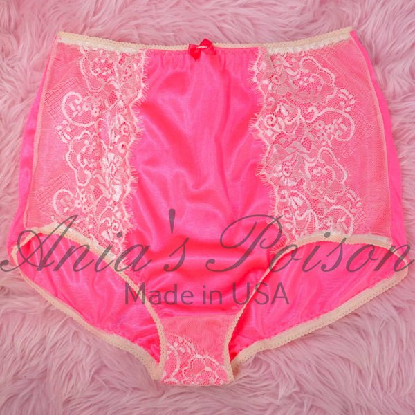 Ania's shiny Nylon panties & bra 2 Piece Set Women's cut Hot Pink White Eyelash Lace High Waist sz M - Image 4